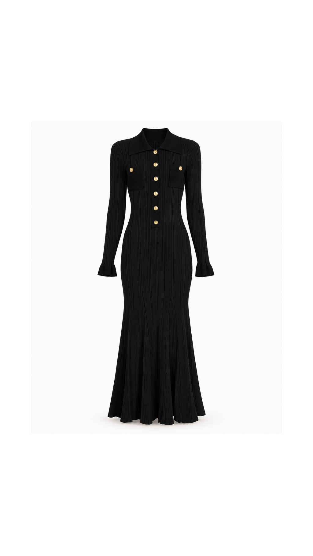 Gold-Button Ribbed Knit Maxi Dress