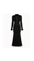 Gold-Button Ribbed Knit Maxi Dress