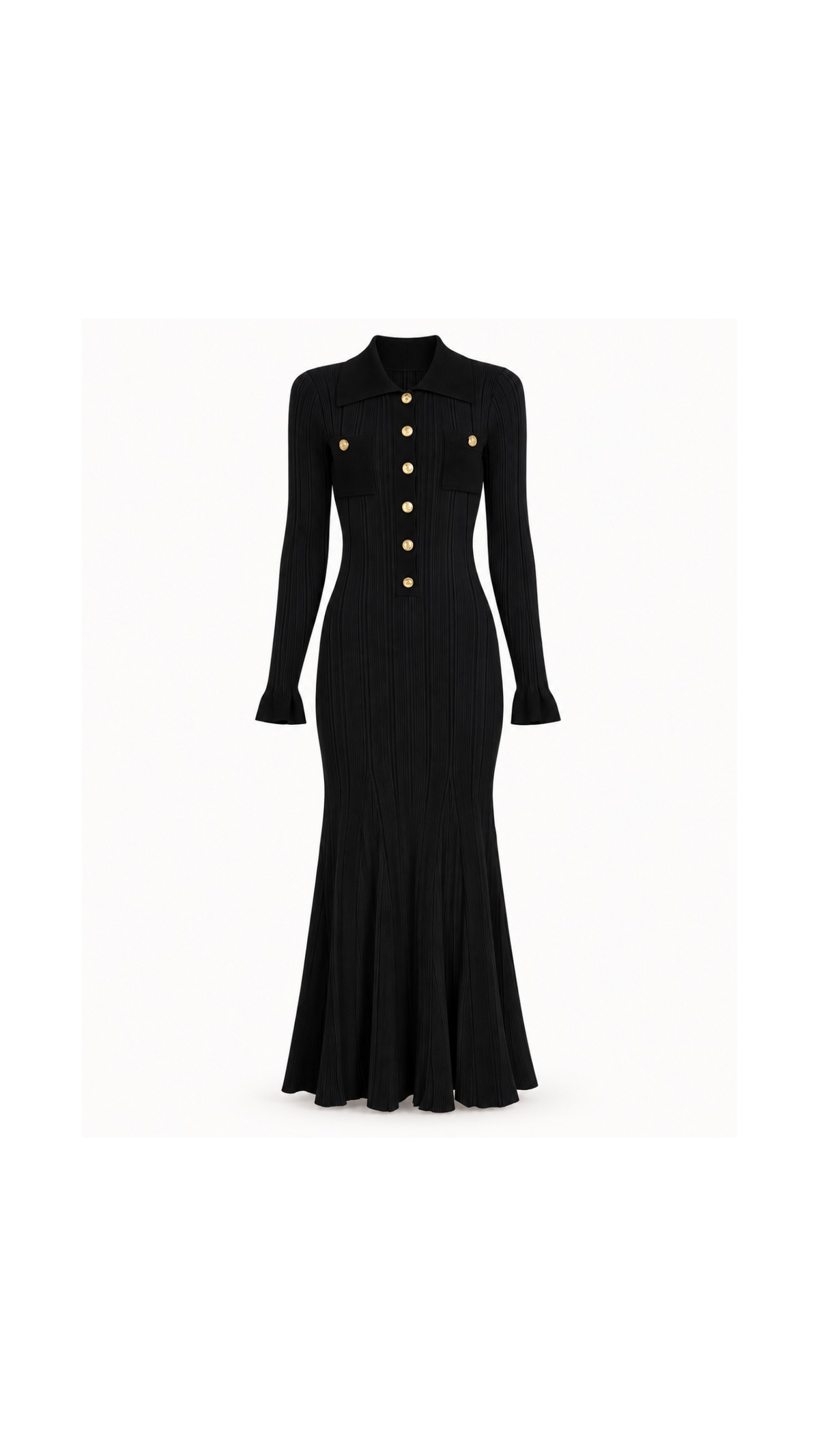 Gold-Button Ribbed Knit Maxi Dress