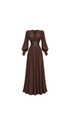 Satin V-Neck Corset-Waist Maxi Dress