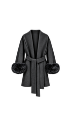 Faux-Fur Cuff Belted Wrap Coat