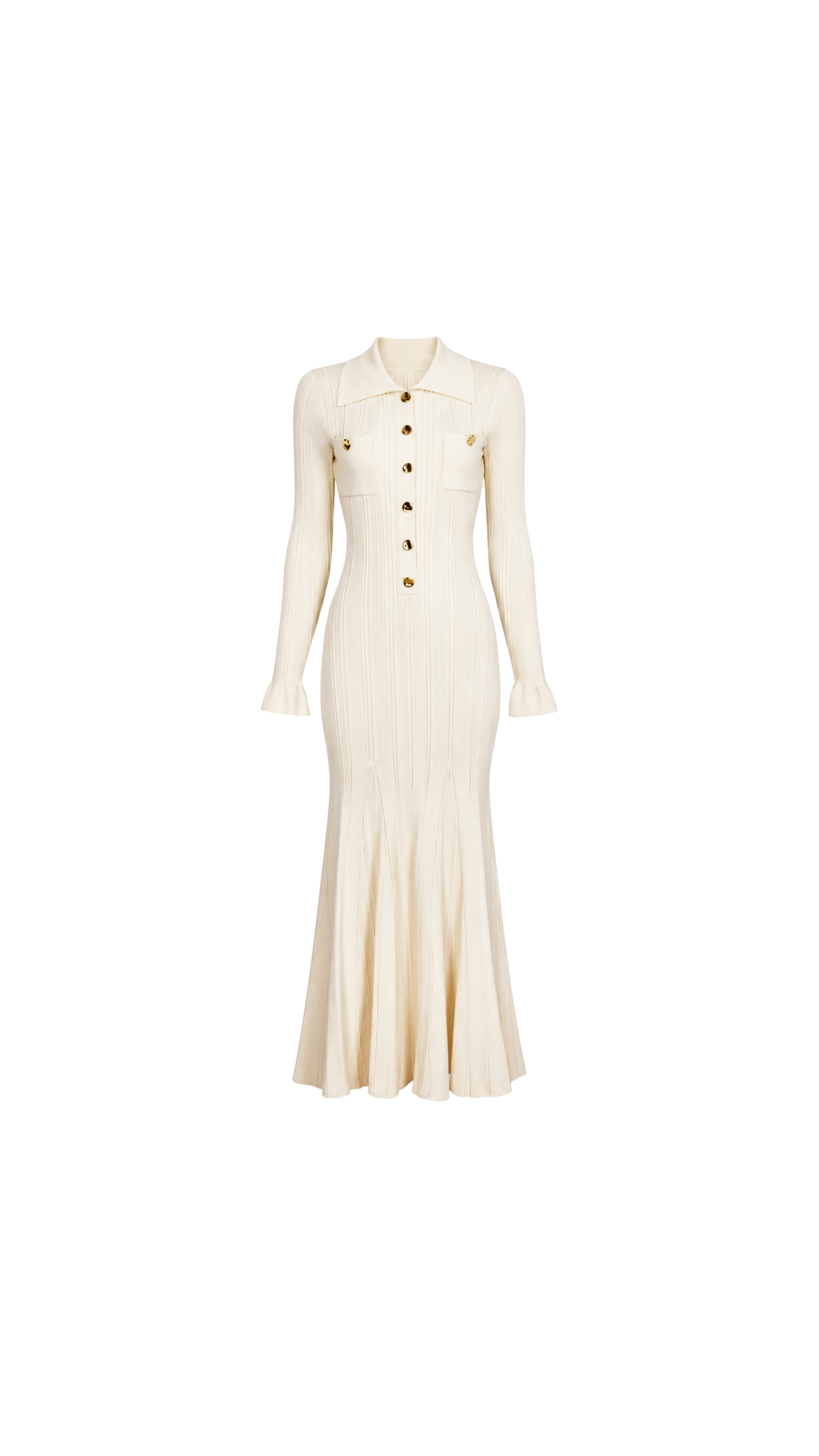 Gold-Button Ribbed Knit Maxi Dress