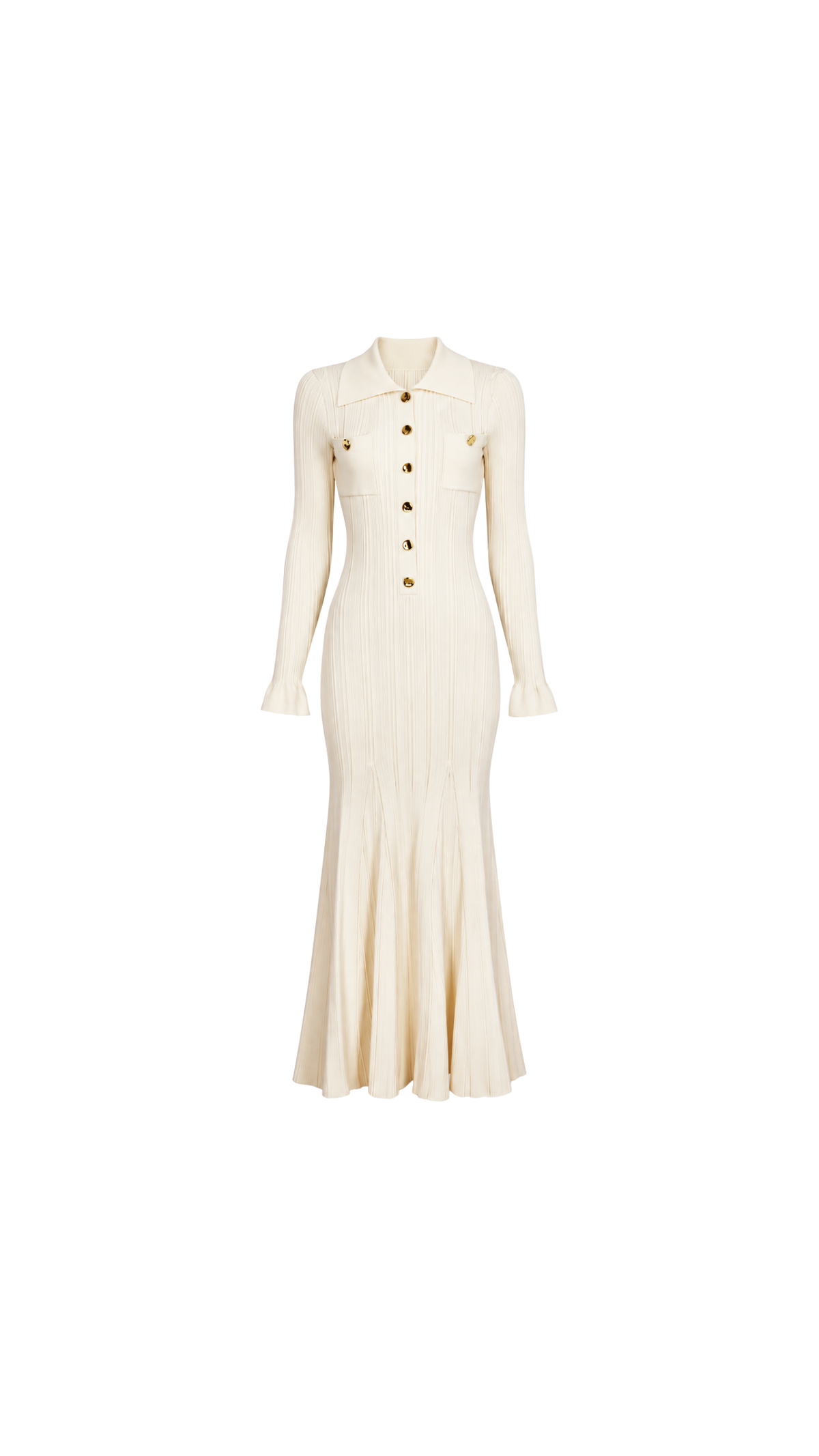 Gold-Button Ribbed Knit Maxi Dress