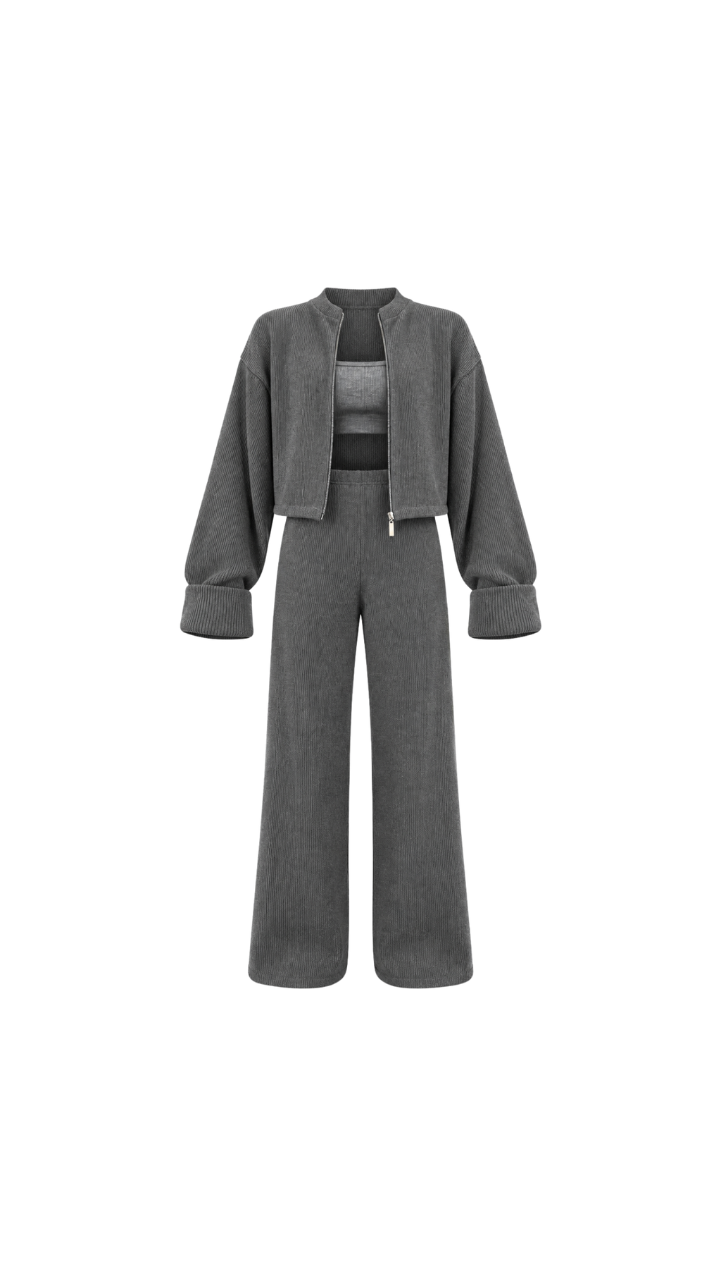 Knitted Cardigan, Crop Top & Trousers Set