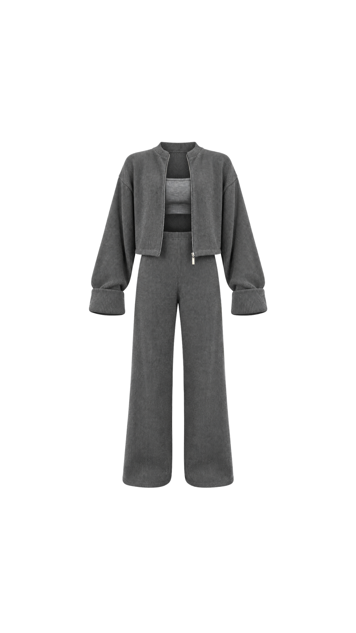Knitted Cardigan, Crop Top & Trousers Set