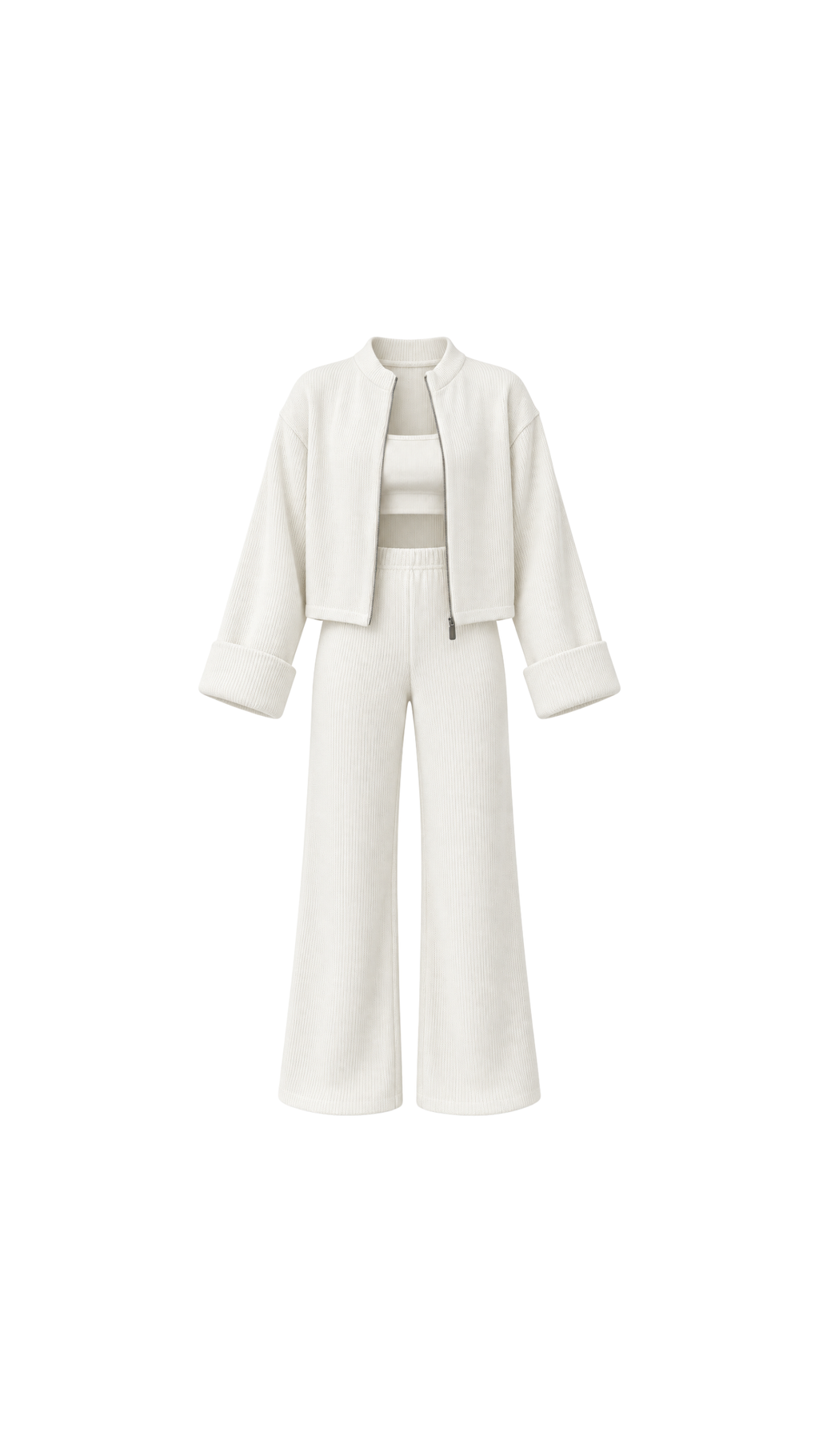 Knitted Cardigan, Crop Top & Trousers Set