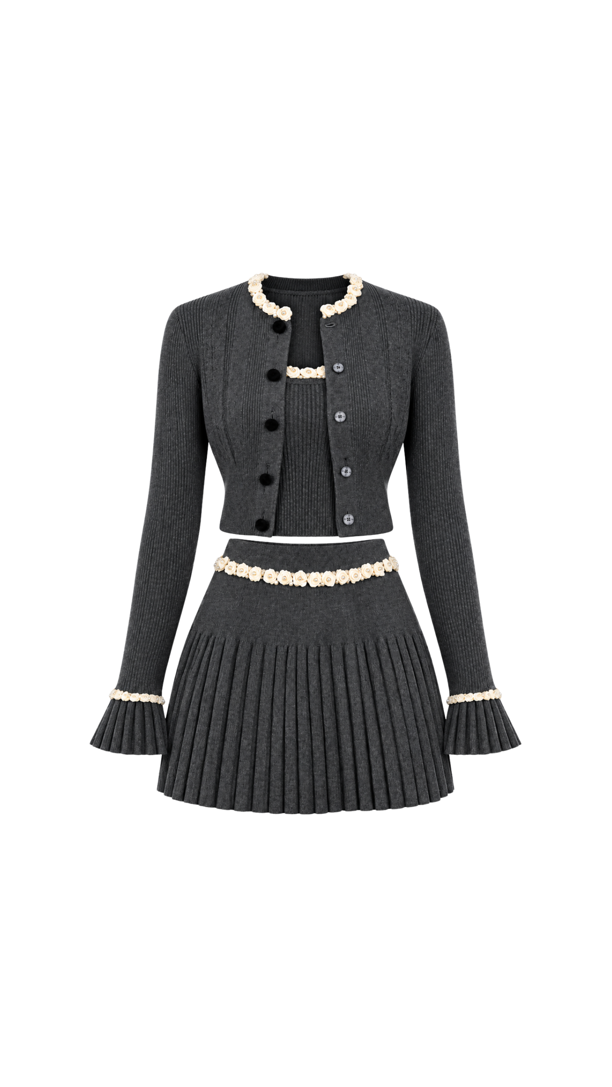 Knitted Cardigan, Top & Pleated Skirt Set