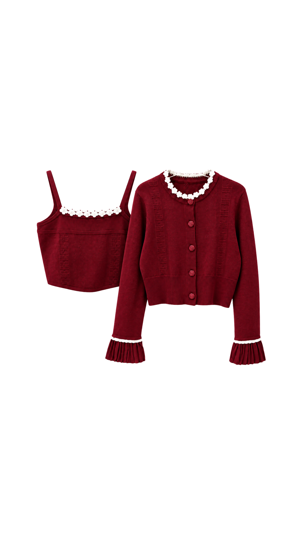 Knitted Cardigan, Top & Pleated Skirt Set