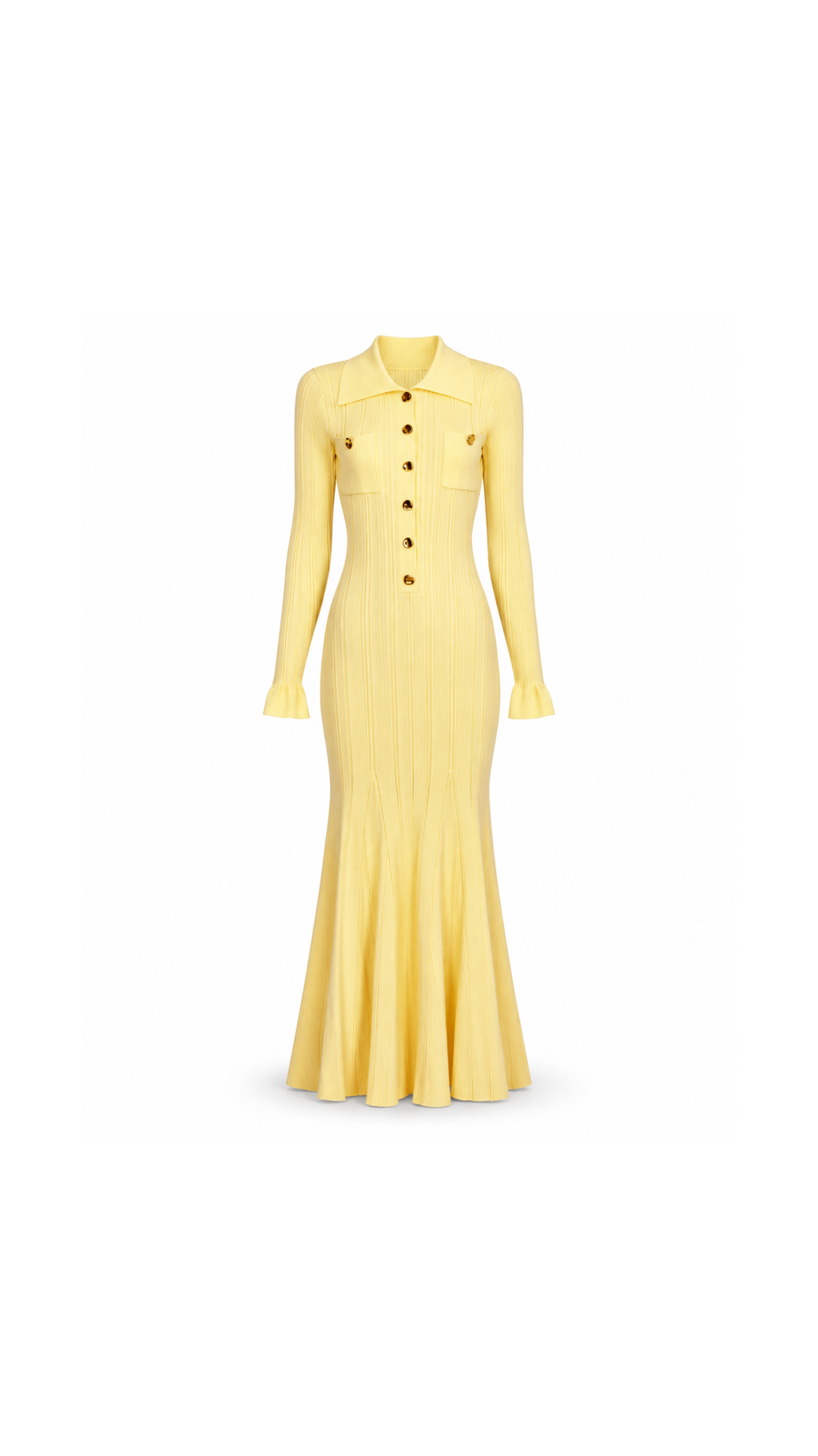 Gold-Button Ribbed Knit Maxi Dress