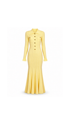 Gold-Button Ribbed Knit Maxi Dress